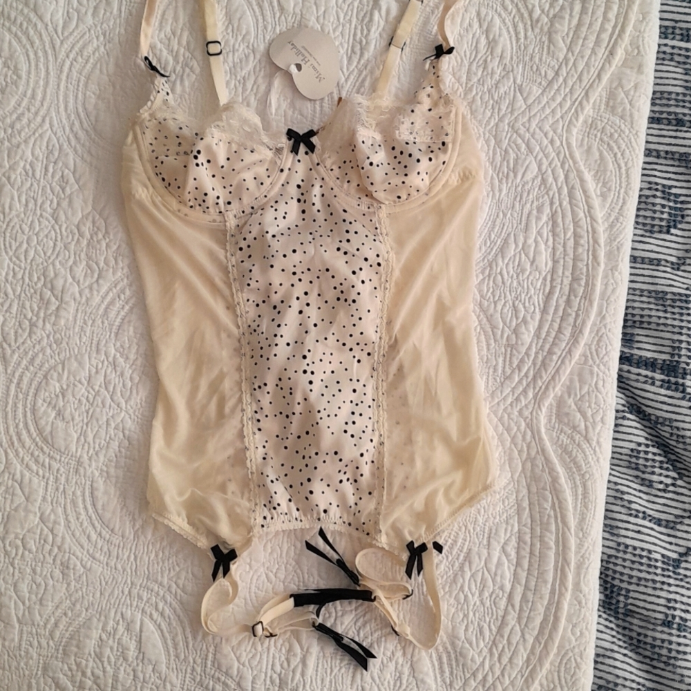 Mimi Holliday Cream Ivory Dot Silk and Lace Bustier NWT Size Medium